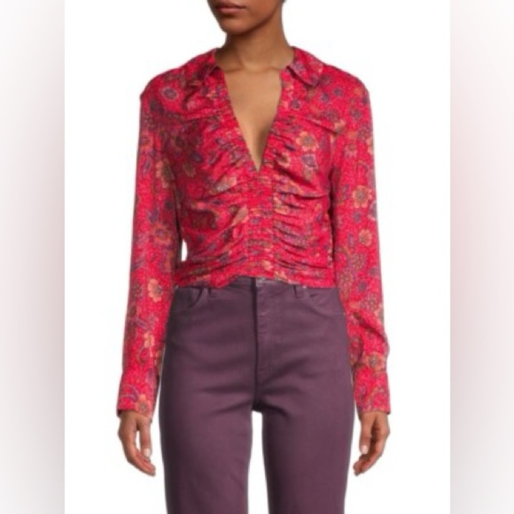 Free People Top Blouse I Got You Crop Floral Printed V Neck Smocked Size M
